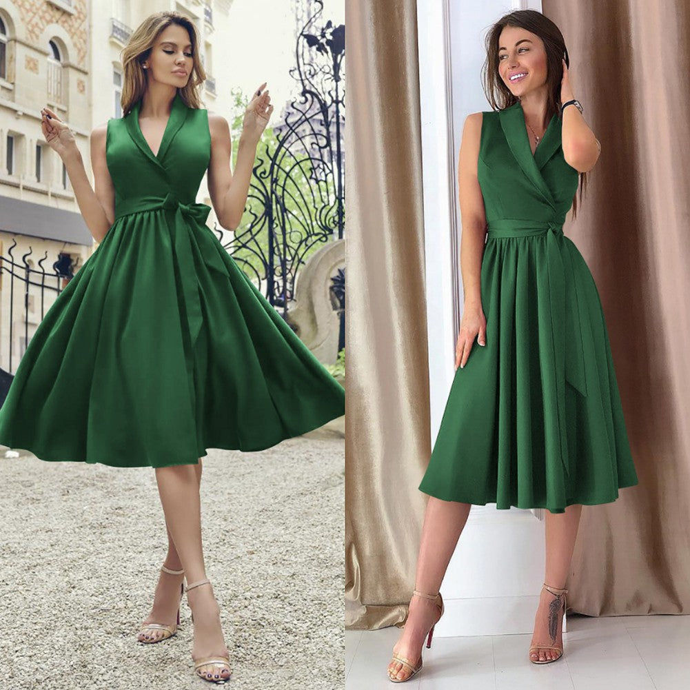 Zeitloses Midikleid Lässiges ärmelloses Kleid mit Gürtel