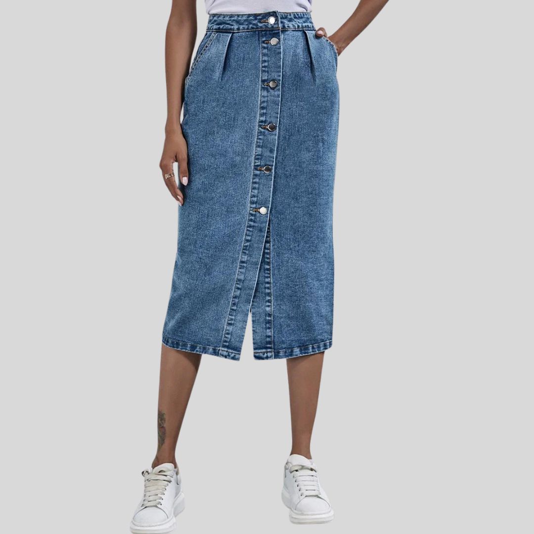 Chique denim midirok met knoopsluiting