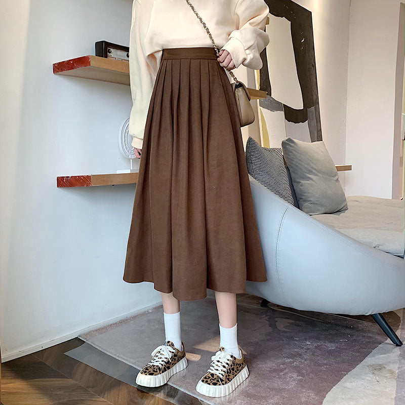 Brauner Faltenrock mit hoher Taille im Vintage-Stil