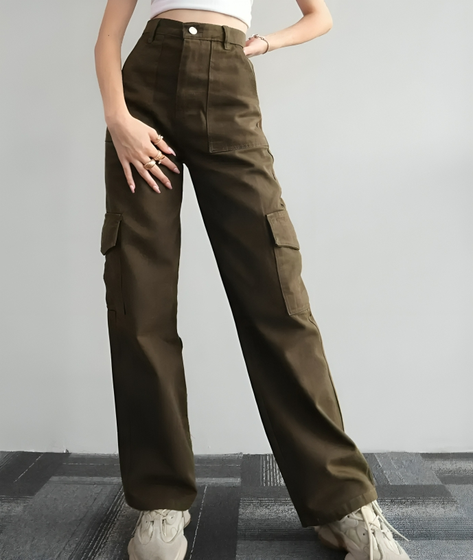 Baggy-Cargohose für Damen mit hoher Taille und weiten Beinen