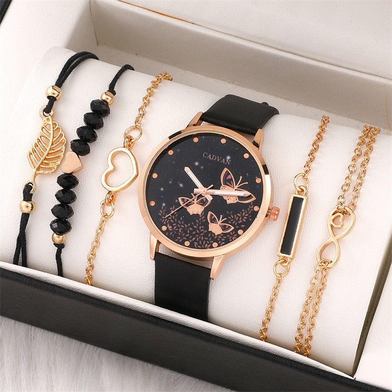 Bold Complete Set: 6er Set Damenuhren Ladies Fashion Butterfly Watch New simple casual ladies analogue wristwatch bracelet gift without box