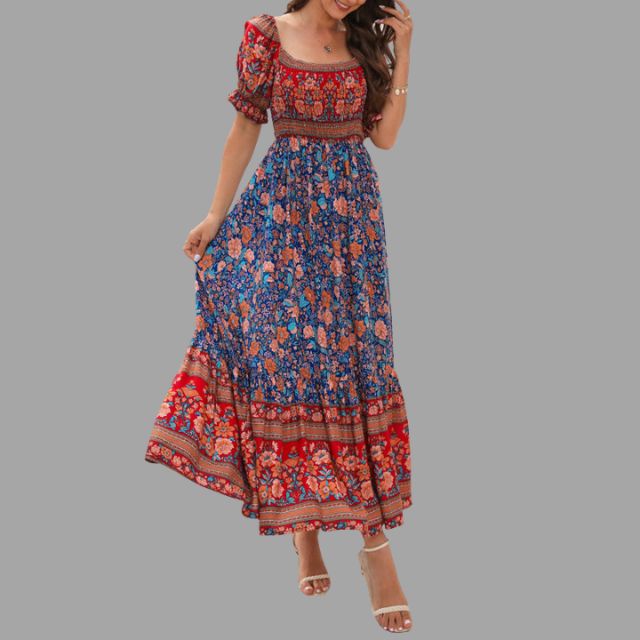 Boho maxi jurk met bloemenpatroon en off-the-shoulder snit