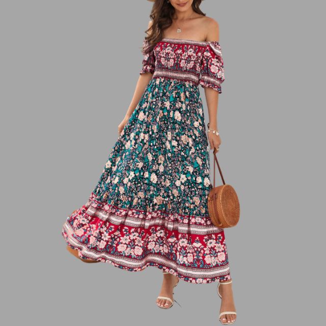 Boho maxi jurk met bloemenpatroon en off-the-shoulder snit