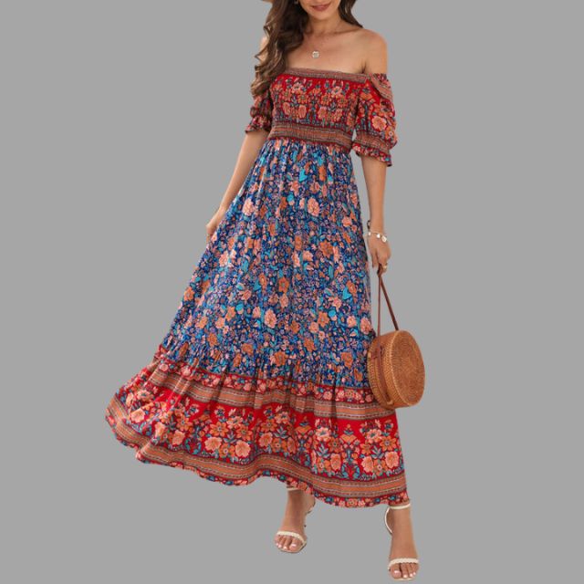 Boho maxi jurk met bloemenpatroon en off-the-shoulder snit