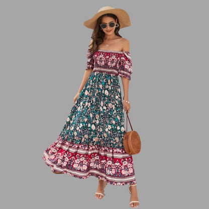 Boho maxi jurk met bloemenpatroon en off-the-shoulder snit