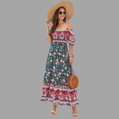 Boho maxi jurk met bloemenpatroon en off-the-shoulder snit