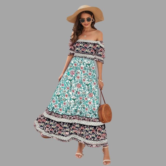 Boho maxi jurk met bloemenpatroon en off-the-shoulder snit