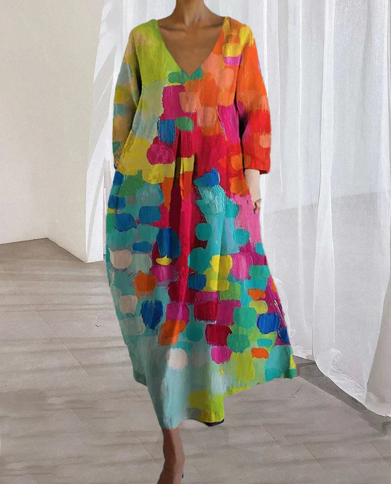 Bunt bedrucktes Kleid mit V-Ausschnitt