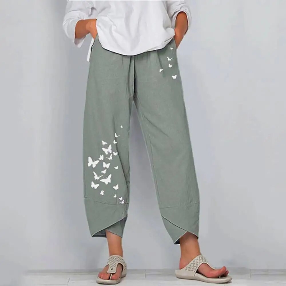 Damenhose mit Gummizug in der Taille und Schmetterlingsdruck