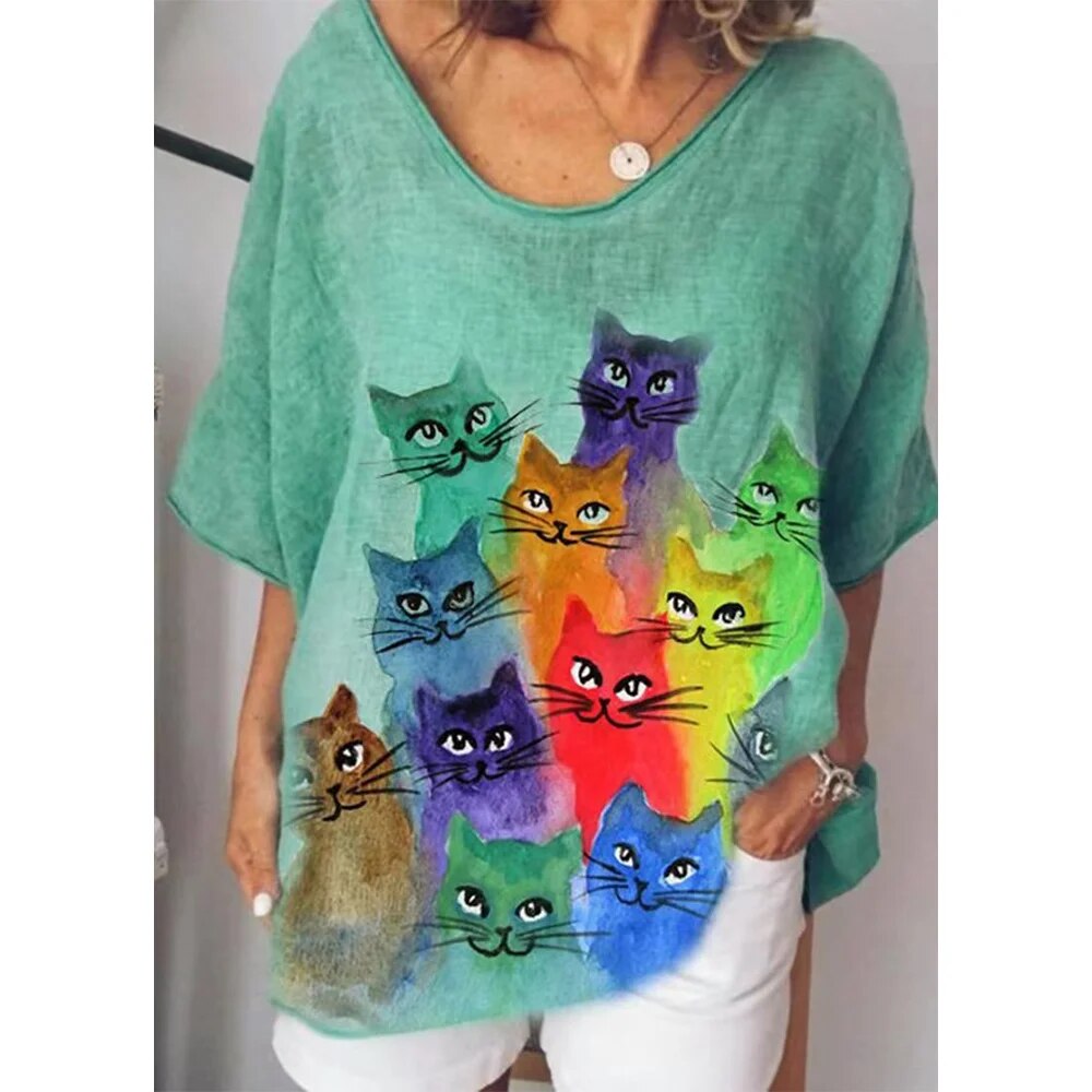 Damen-T-Shirt mit V-Ausschnitt und lockerer Passform Katzen-Grafik