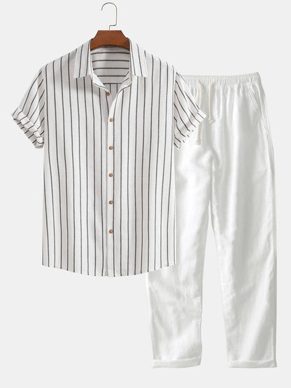 Cotton Blend Striped Button Up Shirt &amp; Straight Leg Linen Pants