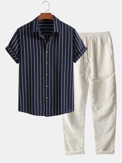 Cotton Blend Striped Button Up Shirt &amp; Straight Leg Linen Pants