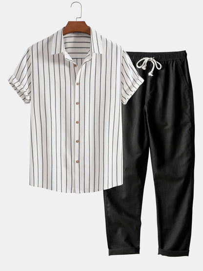 Cotton Blend Striped Button Up Shirt &amp; Straight Leg Linen Pants