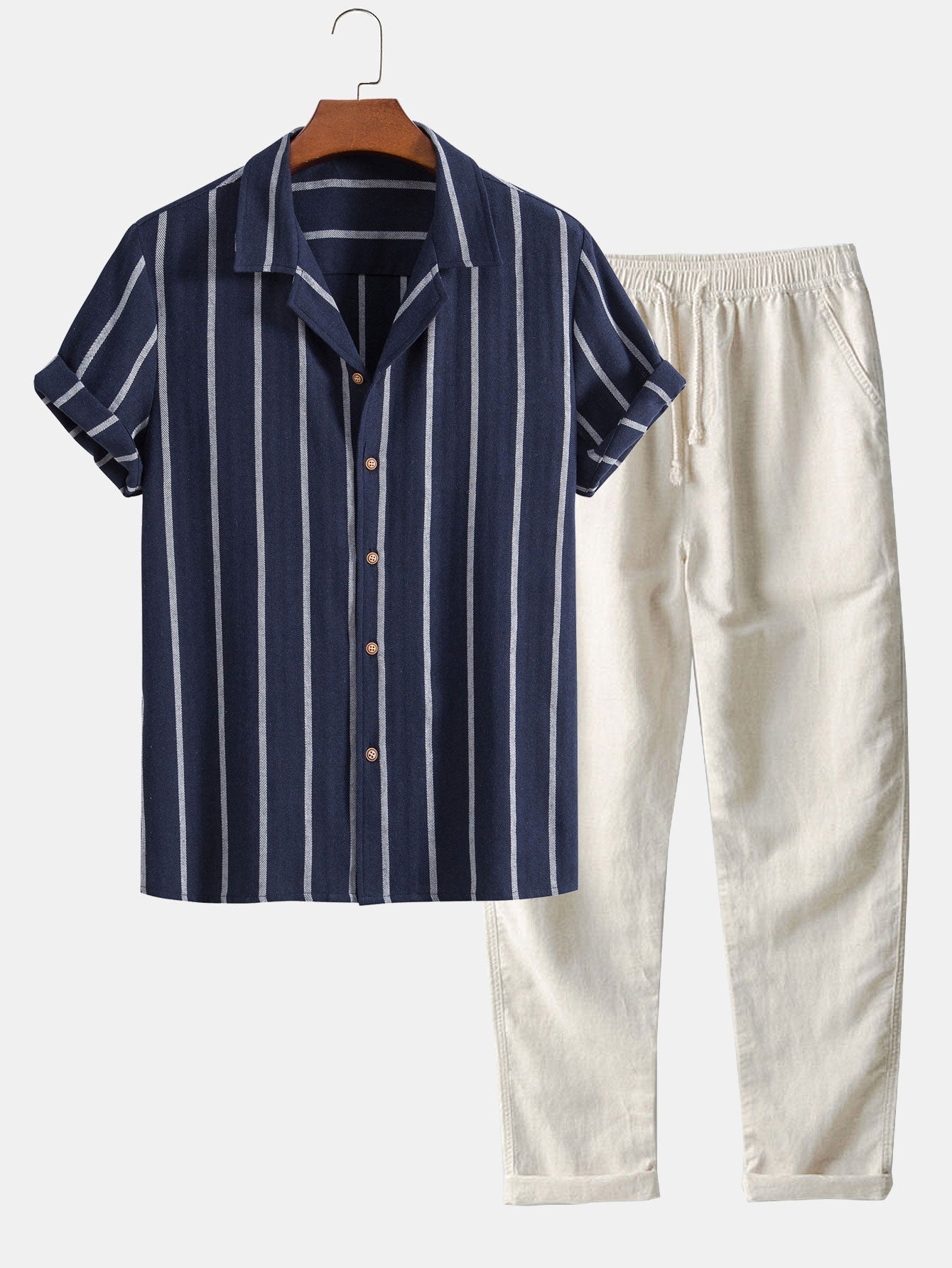 Cotton Blend Striped Cuban Shirt &amp; Straight Leg Linen Pants