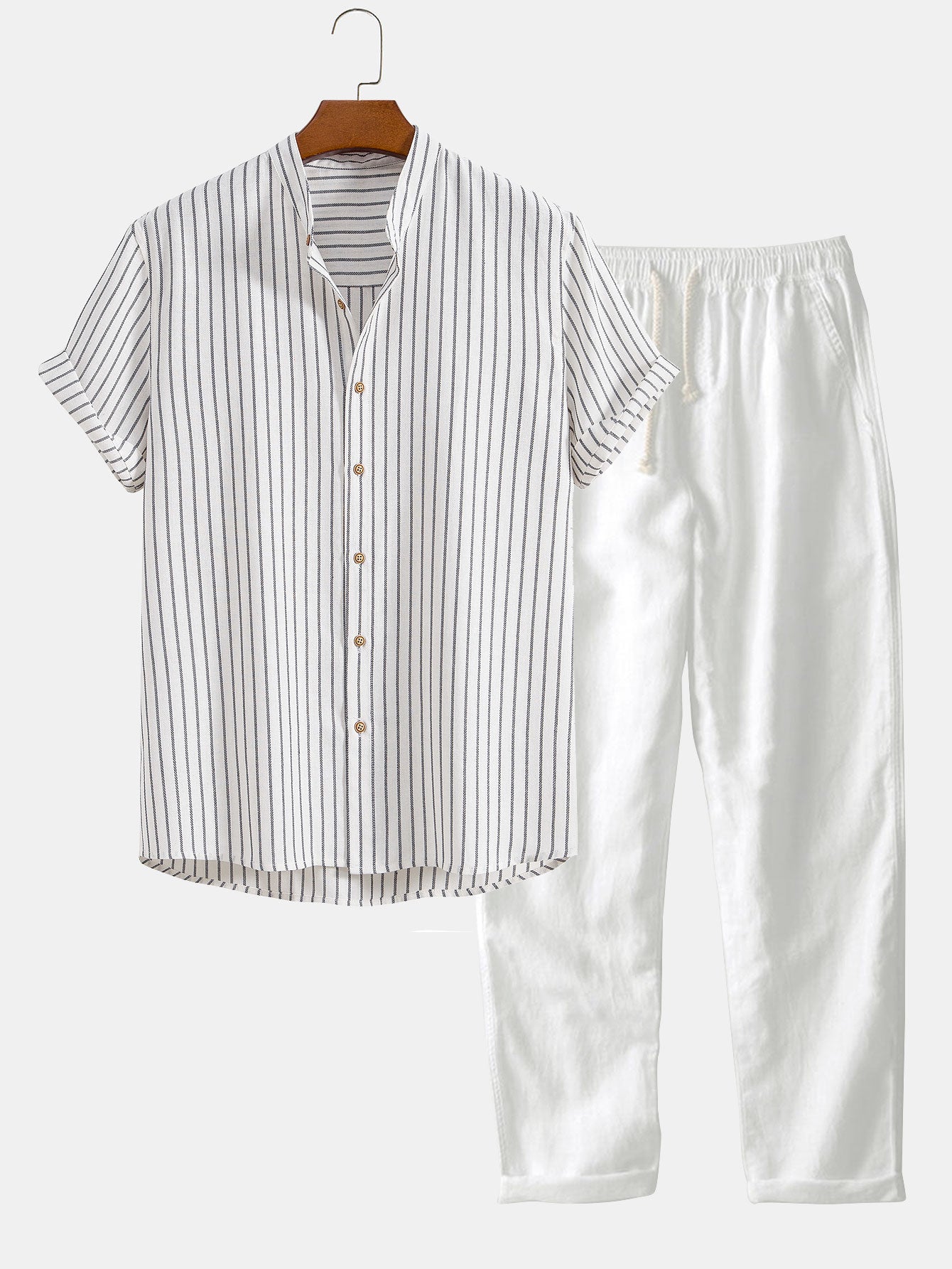 Cotton Blend Striped Stand Collar Shirt &amp; Straight Leg Linen Pants