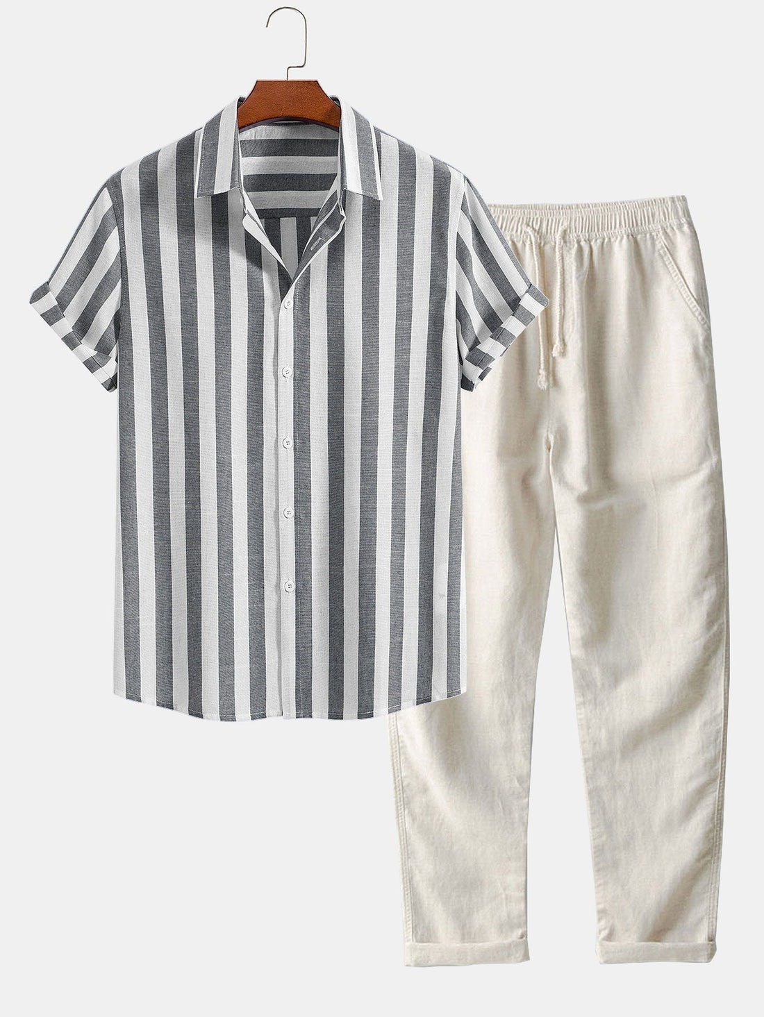 Striped Cotton Blend Button Up Shirt &amp; Straight Leg Linen Pants