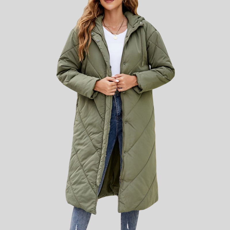 Chloe - Lange, warme Damenjacke mit Kapuze für Damen