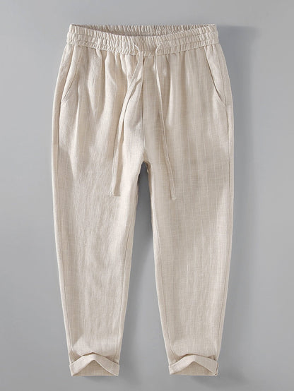 Striped Linen Cotton Blend Cropped Pants